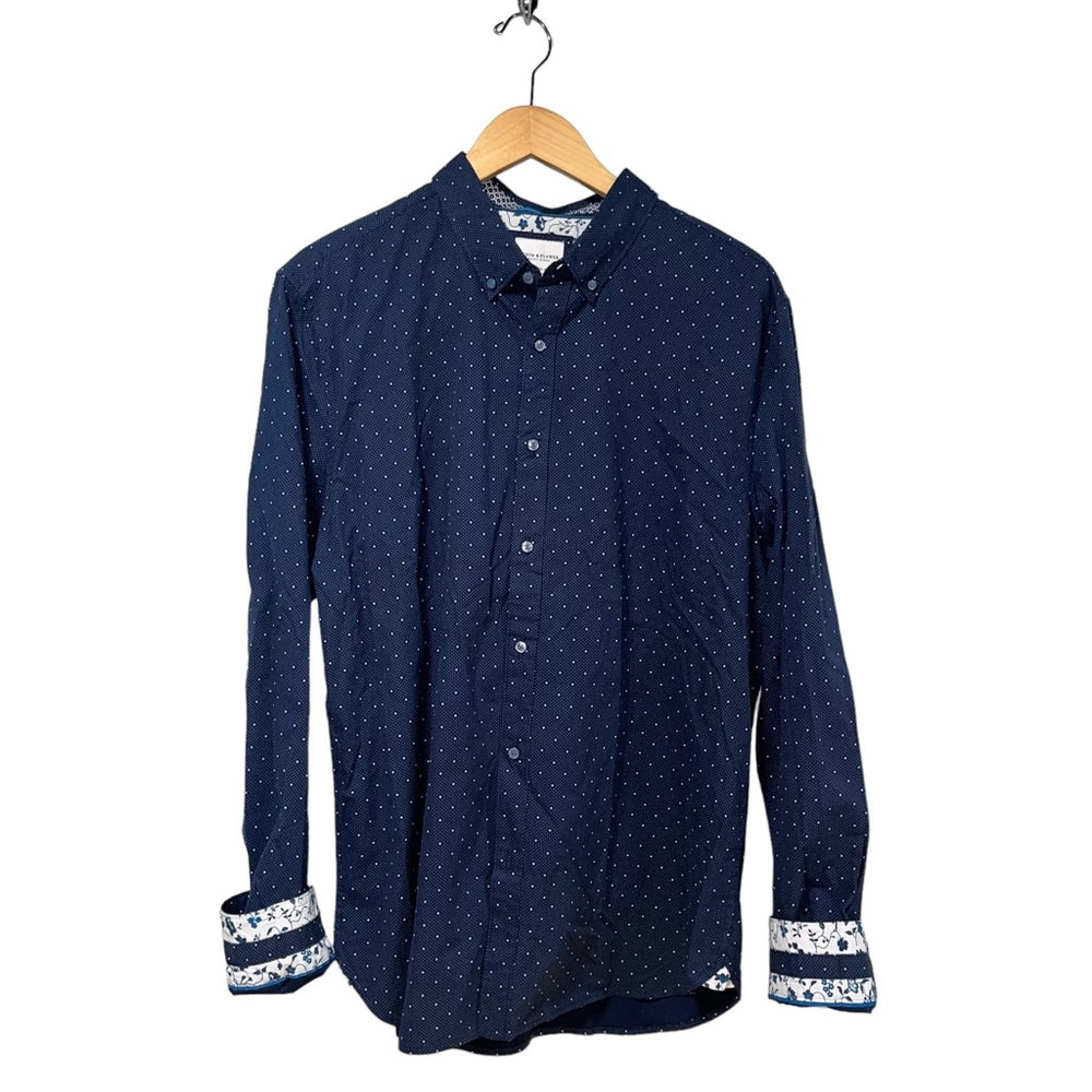 Denim & Flower Ricky Singh  XL Navy‎ Blue Polka Dot Floral Trim Button Down #171